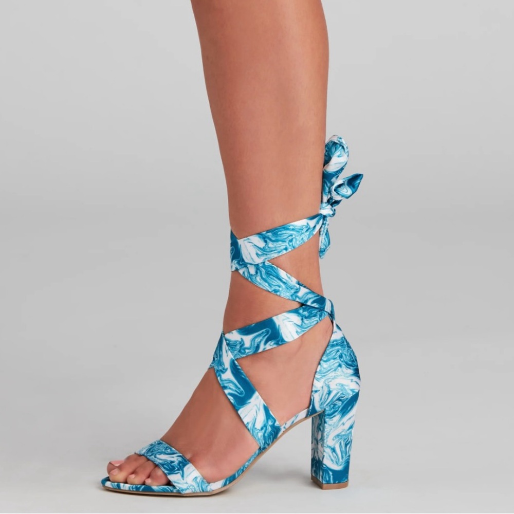Wild Diva Satin Lace-Up Marble Block Heel Sandals - Picture 4 of 13